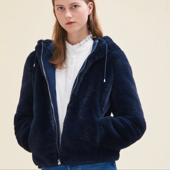 Maje Blue - Navy Faux Fur Hooded Bomber Style Jacket - Coat - Picture 3 of 9